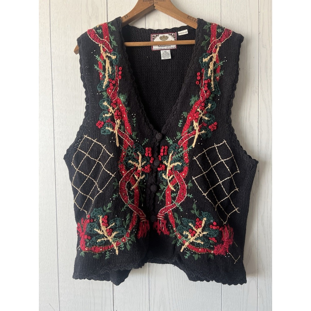 Vintage Tiara Christmas Sweater Vest Womens XL Black Holly Embroidered 1997